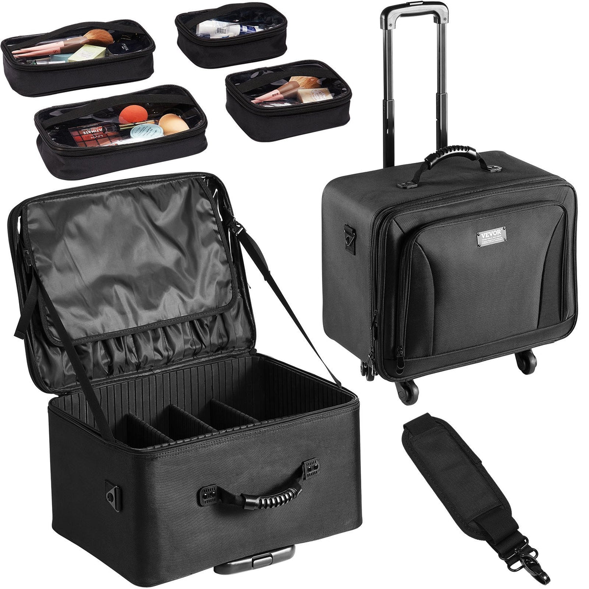 VEVOR Rolling Makeup Train Case Large Storage 3 Tiers, Convenient Carry With Handle, Wheels, Strap, Professional Makeup Storage Organizer Box Make Up Carrier Waterproof Oxford, Black - Glam Warehouse