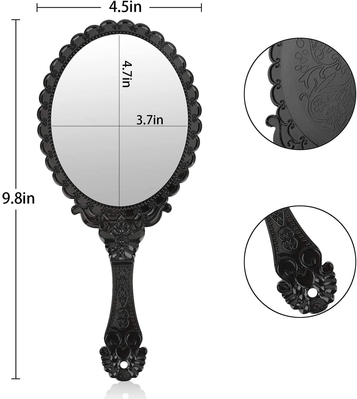 Vintage Handheld Mirror, Small Hand Held Decorative Mirrors for Face Makeup Embossed Flower Portable Antique Travel Personal Cosmetic Mirror Black - Glam Warehouse