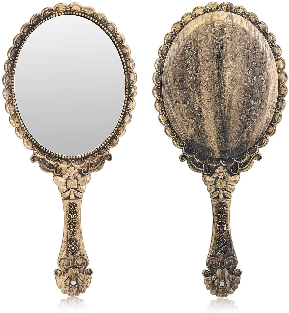 Vintage Handheld Mirror, Small Hand Held Decorative Mirrors for Face Makeup Embossed Flower Portable Antique Travel Personal Cosmetic Mirror Brass Gold - Glam Warehouse