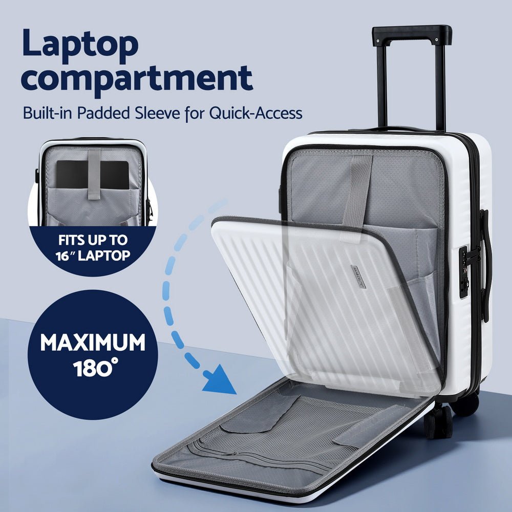 Wanderlite 20" Luggage Suitcase Front Pocket Travel Carry On Dual TSA White - Glam Warehouse