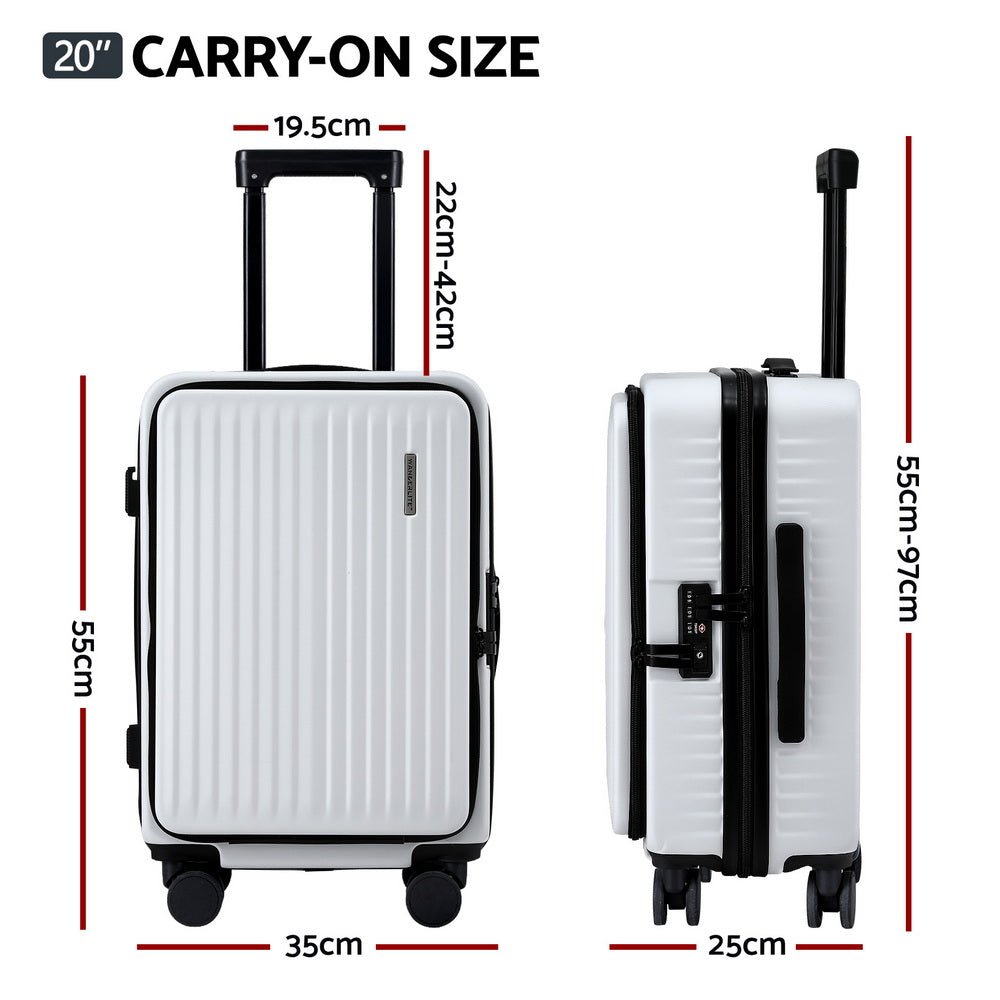 Wanderlite 20" Luggage Suitcase Front Pocket Travel Carry On Dual TSA White - Glam Warehouse