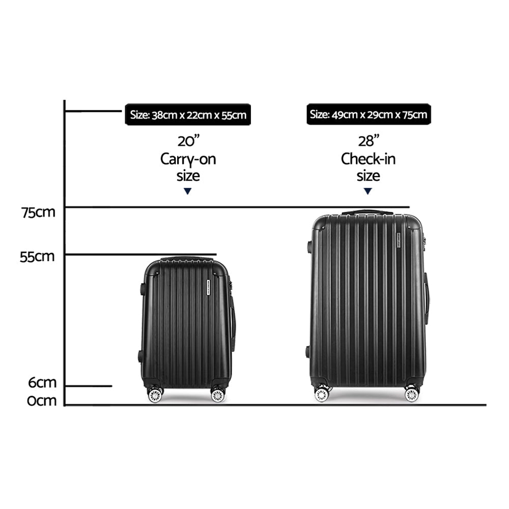 Wanderlite 20in 28in Luggage 2Set with Zipper Lock Carry On Hard Shell Travel Suitcase Luggage Case Black - Glam Warehouse