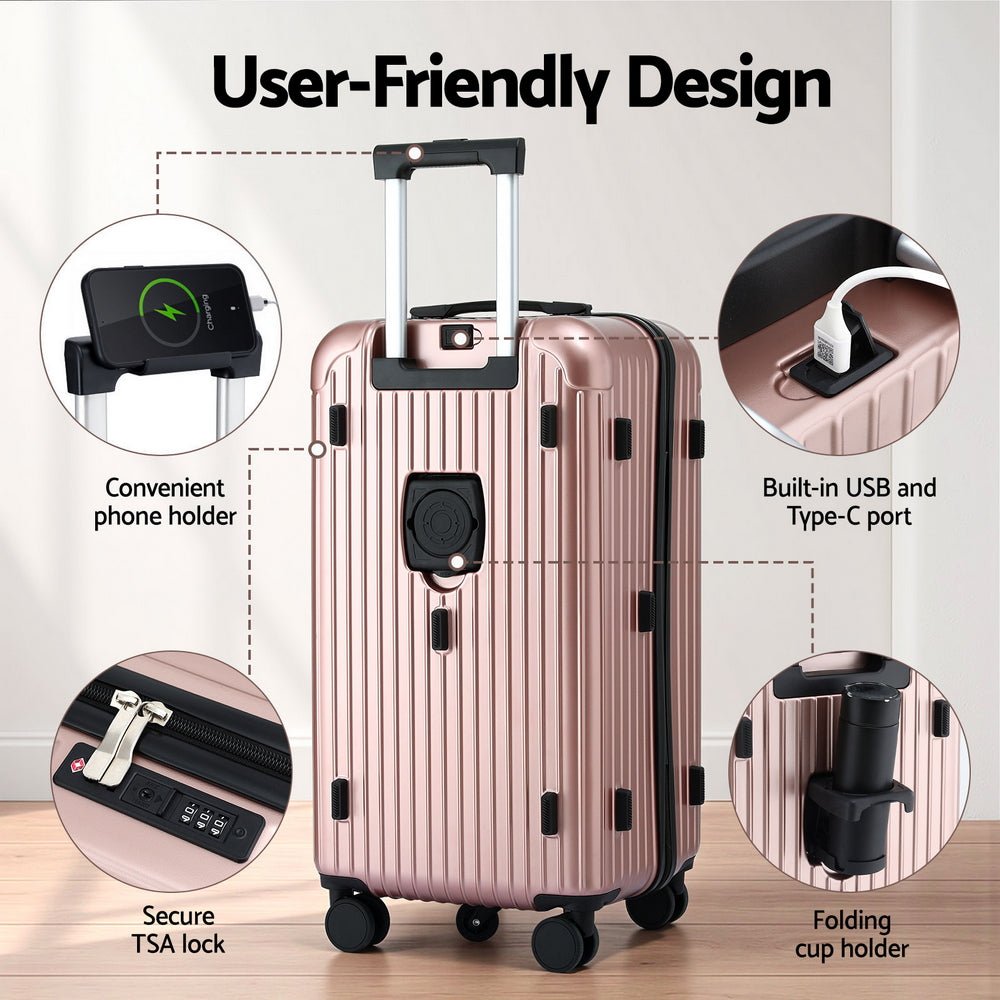 Wanderlite 28" Trunk Luggage Suitcase Travel 5 Wheels Type-C Port TSA Rose Gold - Glam Warehouse