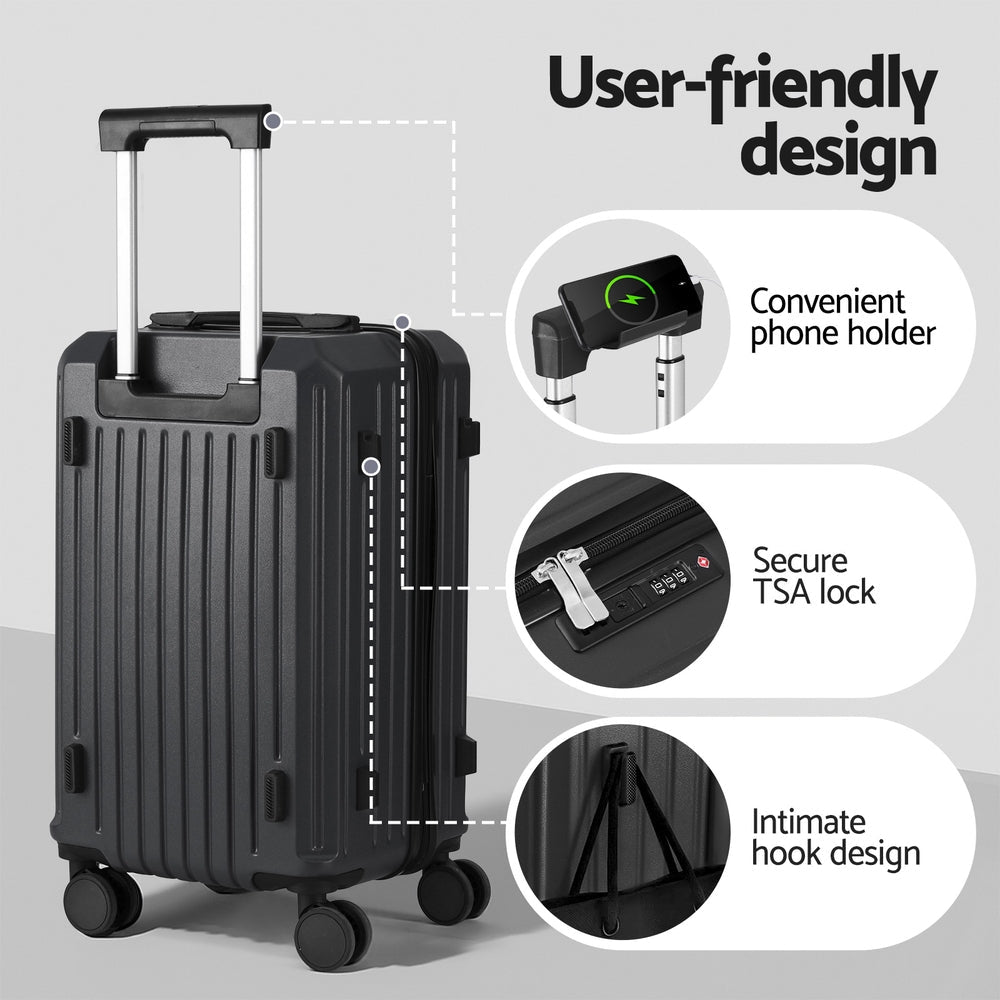 Wanderlite 2pcs Trunk Luggage Suitcase Travel Carry On TSA Lock 12" 20" Black - Glam Warehouse