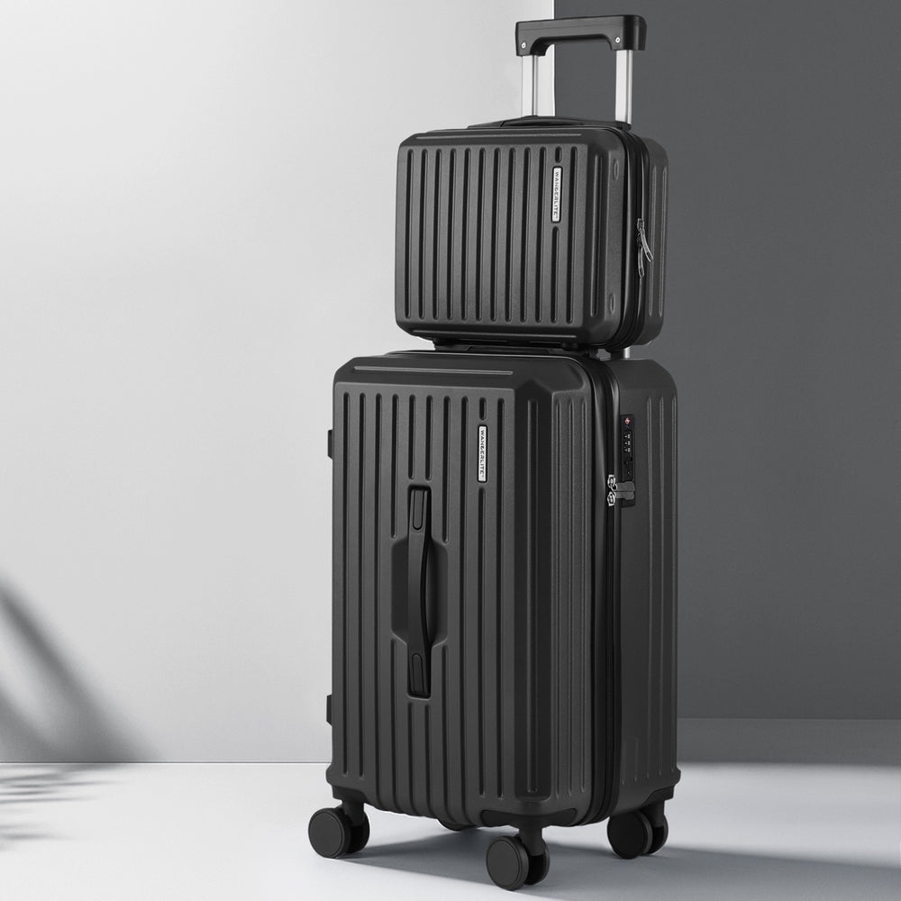 Wanderlite 2pcs Trunk Luggage Suitcase Travel Carry On TSA Lock 12" 20" Black - Glam Warehouse