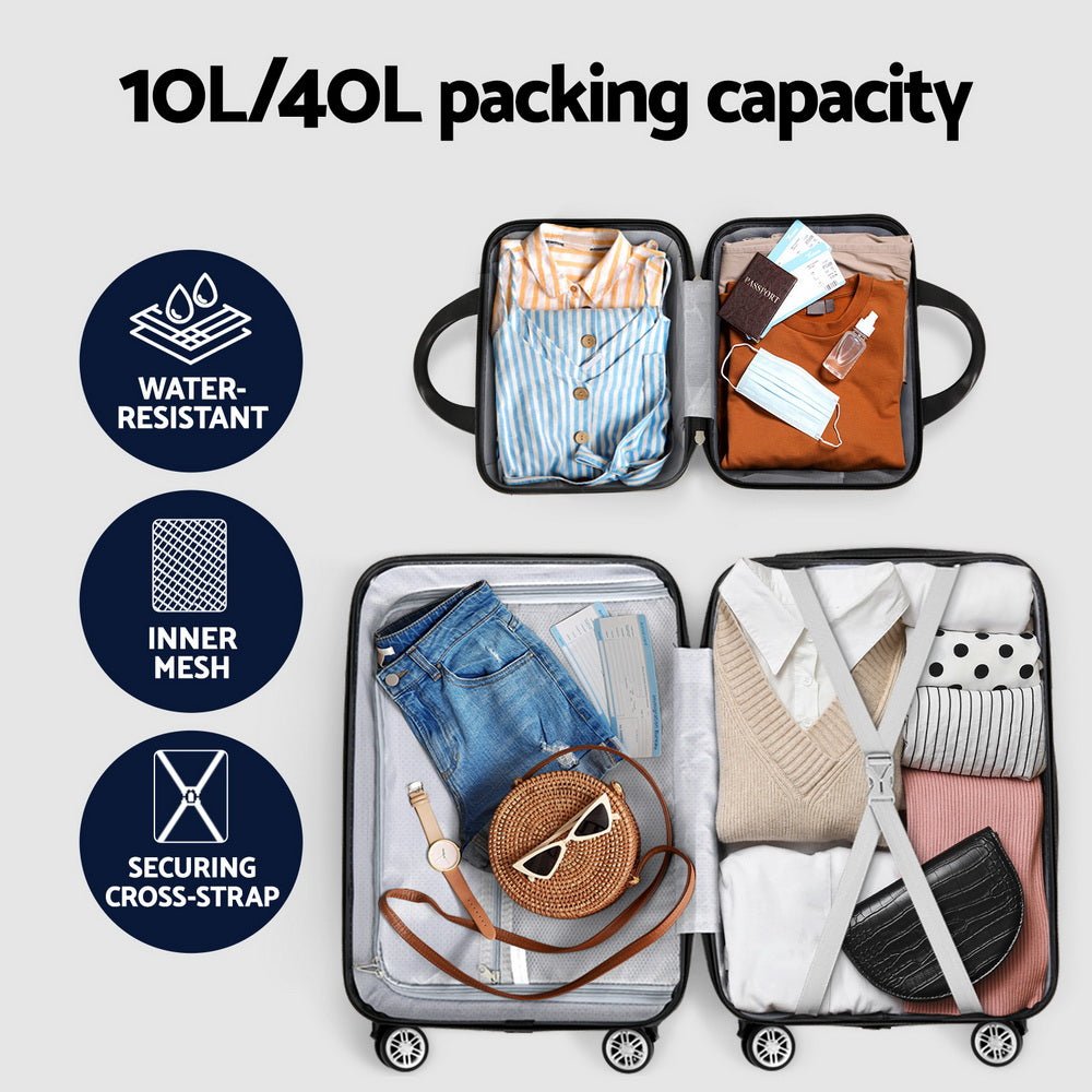 Wanderlite 2Set 20 Inch Luggage Case with 12 Inch Handheld Luggage Box Hard Shell Travel Suitcase TSA Lock Black - Glam Warehouse