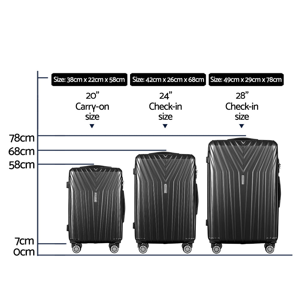 Wanderlite 3 Set Luggage 20-24-28 Inch Suitcase with TSA Lock Carry On Hard Shell Travel Luggage Organiser Case Black - Glam Warehouse