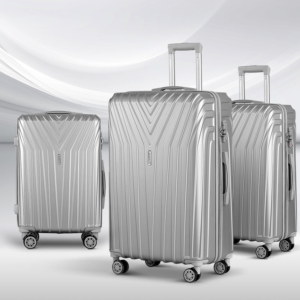 Wanderlite 3 Set Luggage 20-24-28 Inch Suitcase with TSA Lock Carry On Hard Shell Travel Luggage Organiser Case Silver - Glam Warehouse
