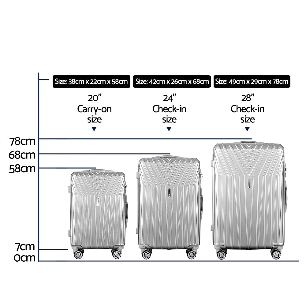 Wanderlite 3 Set Luggage 20-24-28 Inch Suitcase with TSA Lock Carry On Hard Shell Travel Luggage Organiser Case Silver - Glam Warehouse