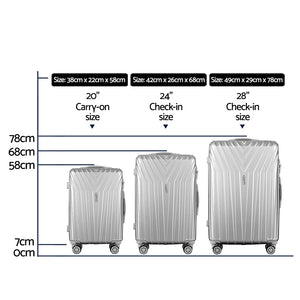 Wanderlite 3 Set Luggage 20-24-28 Inch Suitcase with TSA Lock Carry On Hard Shell Travel Luggage Organiser Case Silver - Glam Warehouse