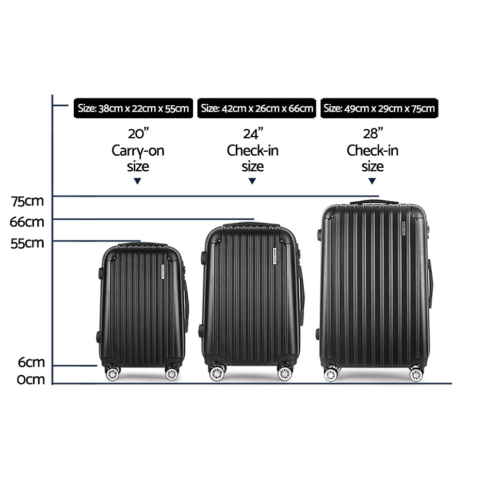 Wanderlite 3 Set Luggage 20-24-28 Inch with TSA Lock Spinner Hard Shell Travel Suitcase Luggage Organiser Case Black - Glam Warehouse
