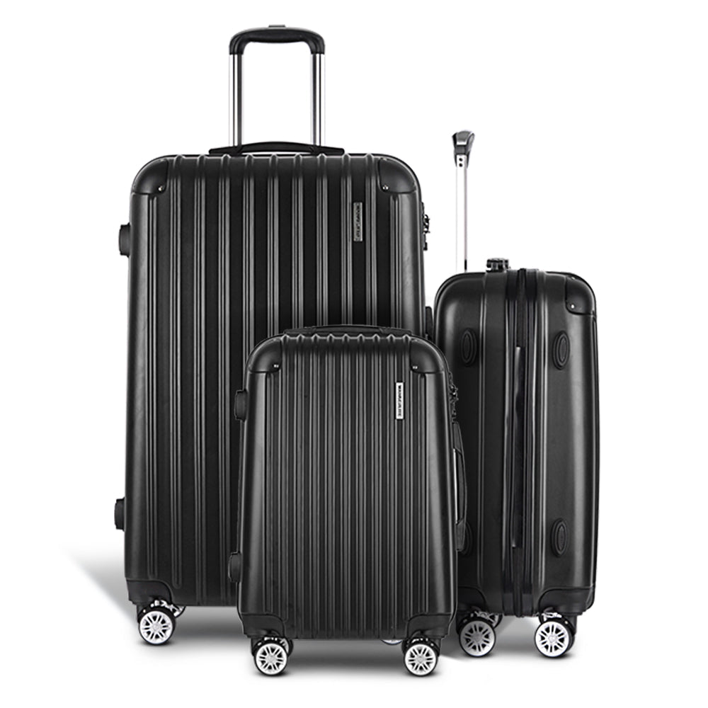 Wanderlite 3 Set Luggage 20-24-28 Inch with Zipper Lock Carry On Hard Shell Travel Suitcase Luggage Case Black - Glam Warehouse