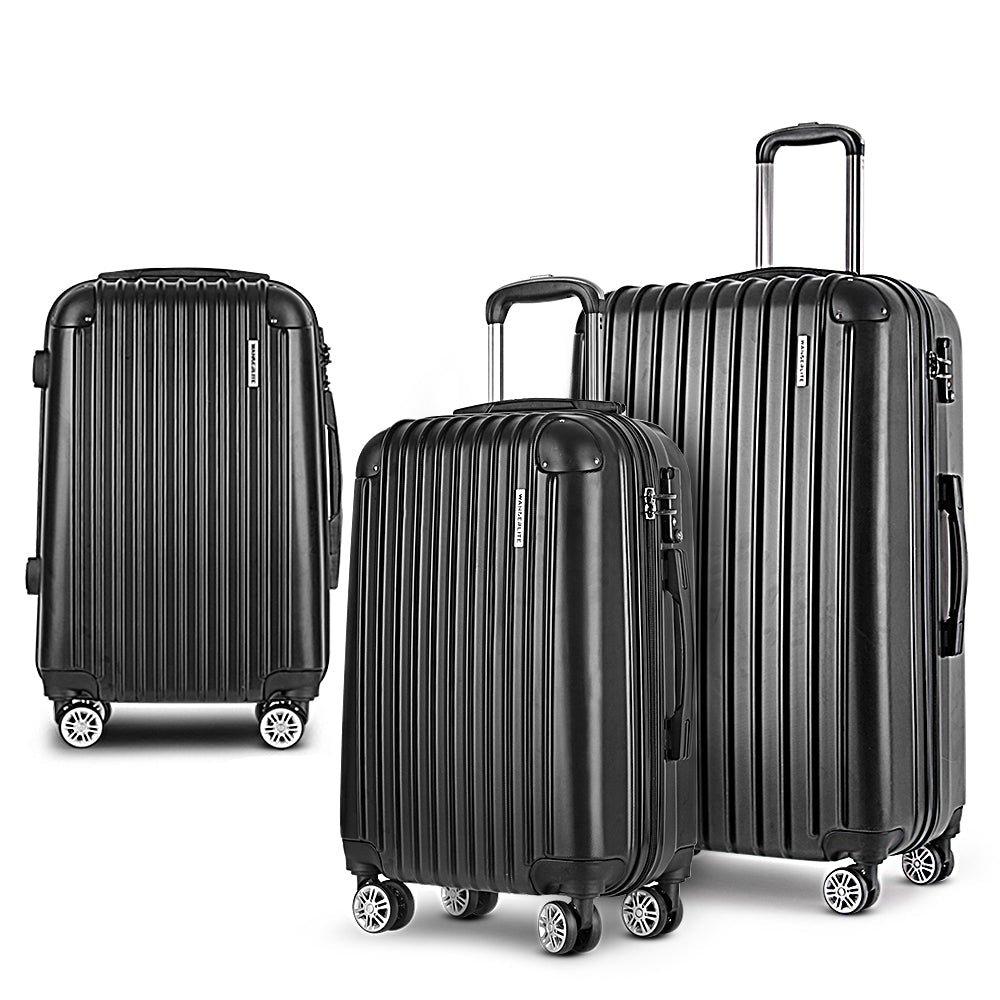 Wanderlite 3 Set Luggage 20-24-28 Inch with Zipper Lock Carry On Hard Shell Travel Suitcase Luggage Case Black - Glam Warehouse