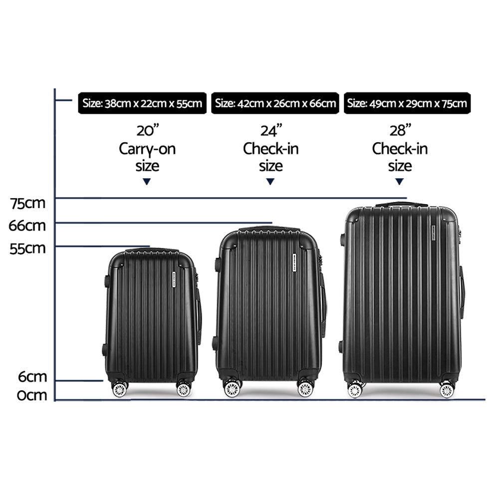 Wanderlite 3 Set Luggage 20-24-28 Inch with Zipper Lock Carry On Hard Shell Travel Suitcase Luggage Case Black - Glam Warehouse