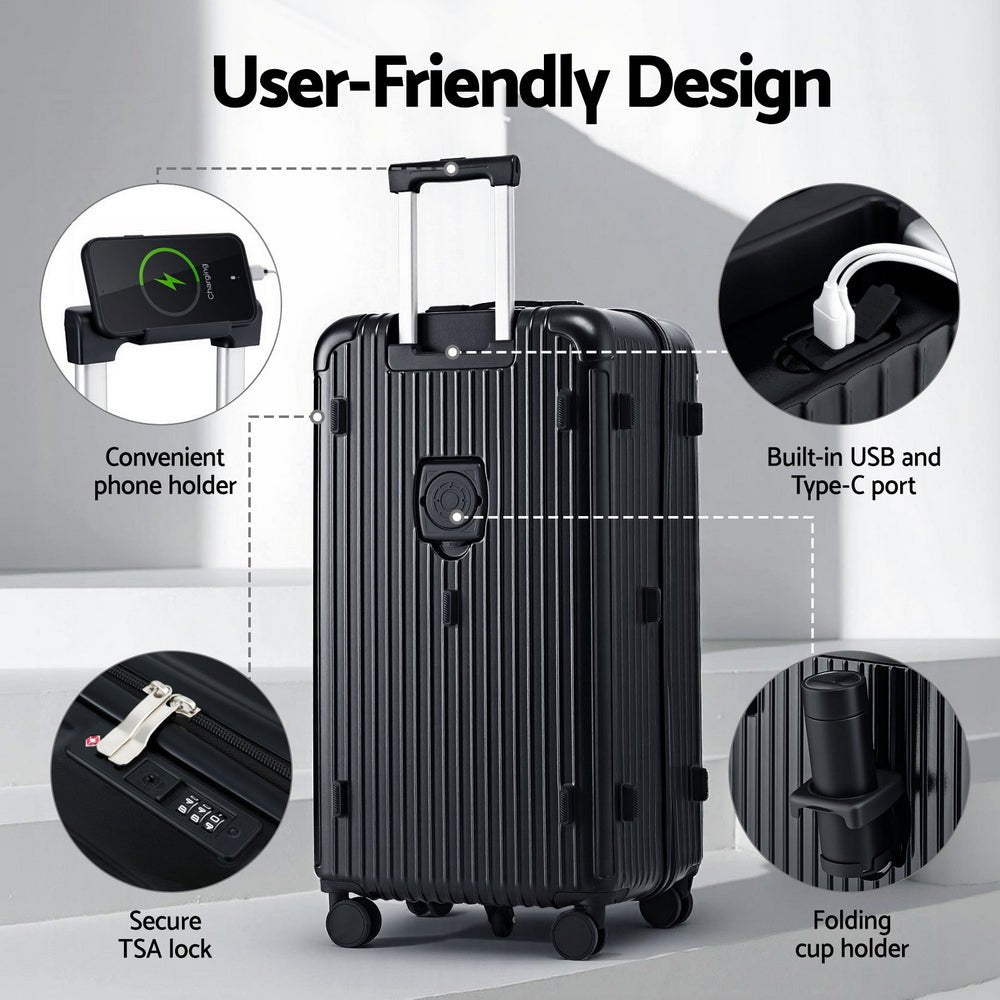 Wanderlite 32" Trunk Luggage Suitcase Travel 5 Wheels Type-C Port TSA Black - Glam Warehouse