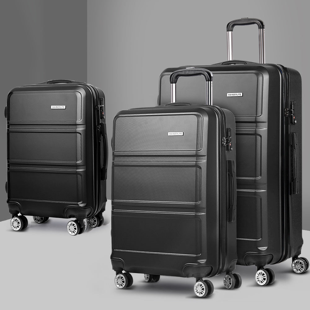 Wanderlite 3Set 20-24-28 Inch Luggage with TSA Lock Spinner Travel Suitcase Carry On Hard Shell Luggage Case Black - Glam Warehouse
