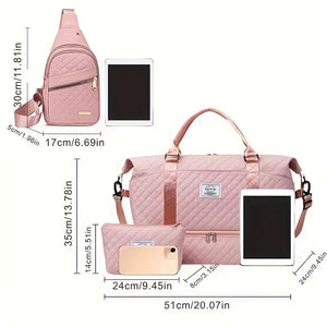 White Chic 3-Piece Quilted Travel Bag Set - Duffel, Crossbody Sling & Toiletry Pouch - Large Capacity & Lightweight - Glam Warehouse