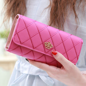 Women's Quilted Leather Wallet, Stylish Long Clutch with Heart Accent, for Cards & Cash Organization（red） - Glam Warehouse