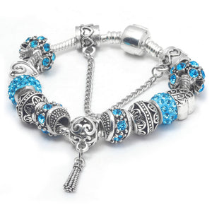 Women’s Vintage Silver-Plated Charm Bracelet - Crystal-Embedded Hollow Carved Multi-Bead Fashion Jewelry(blue-17cm) - Glam Warehouse