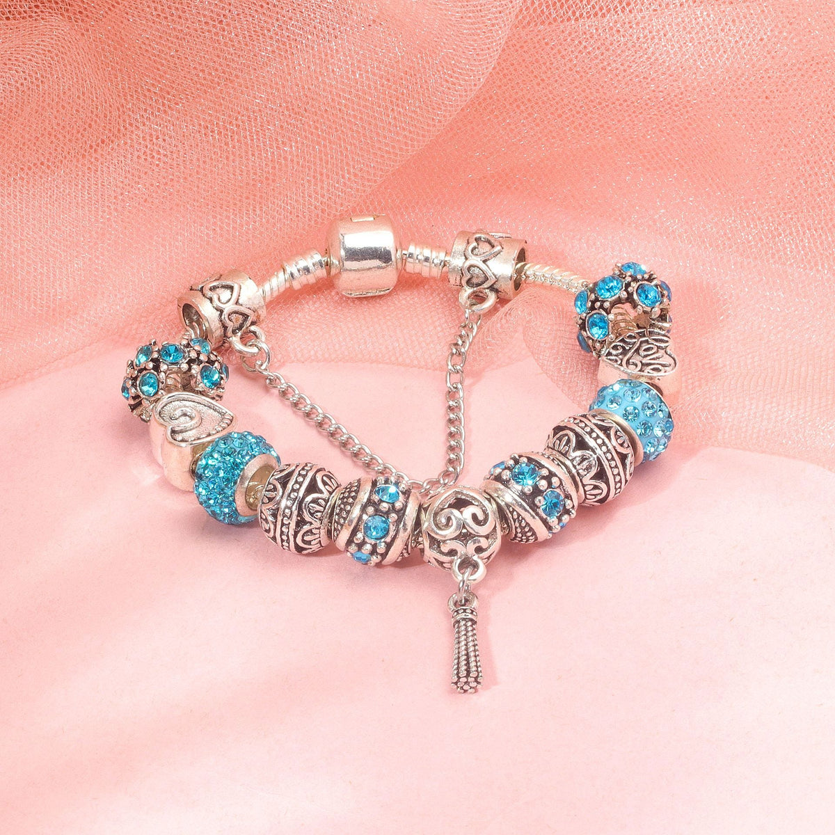 Women’s Vintage Silver-Plated Charm Bracelet - Crystal-Embedded Hollow Carved Multi-Bead Fashion Jewelry(blue-17cm) - Glam Warehouse