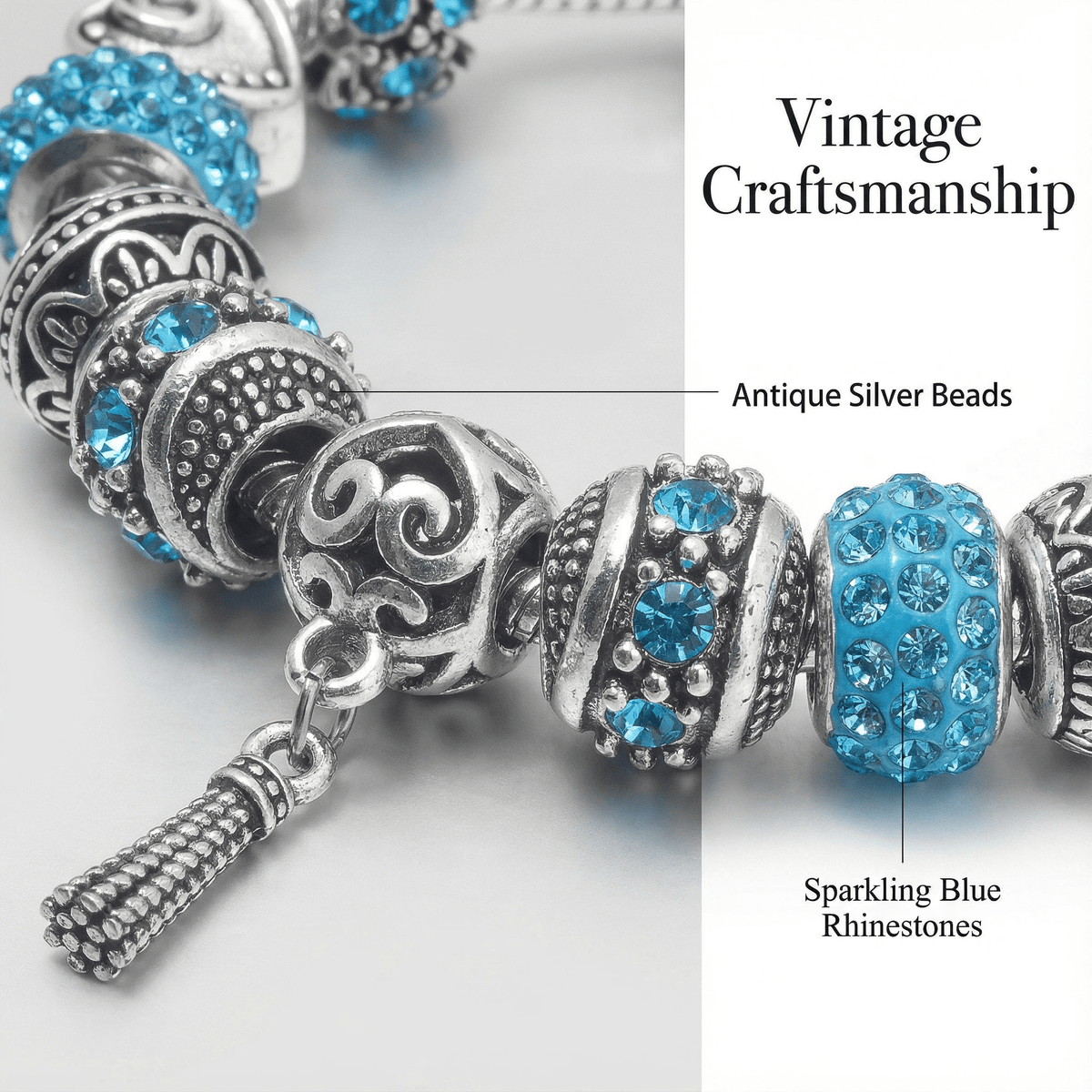 Women’s Vintage Silver-Plated Charm Bracelet - Crystal-Embedded Hollow Carved Multi-Bead Fashion Jewelry(blue-17cm) - Glam Warehouse