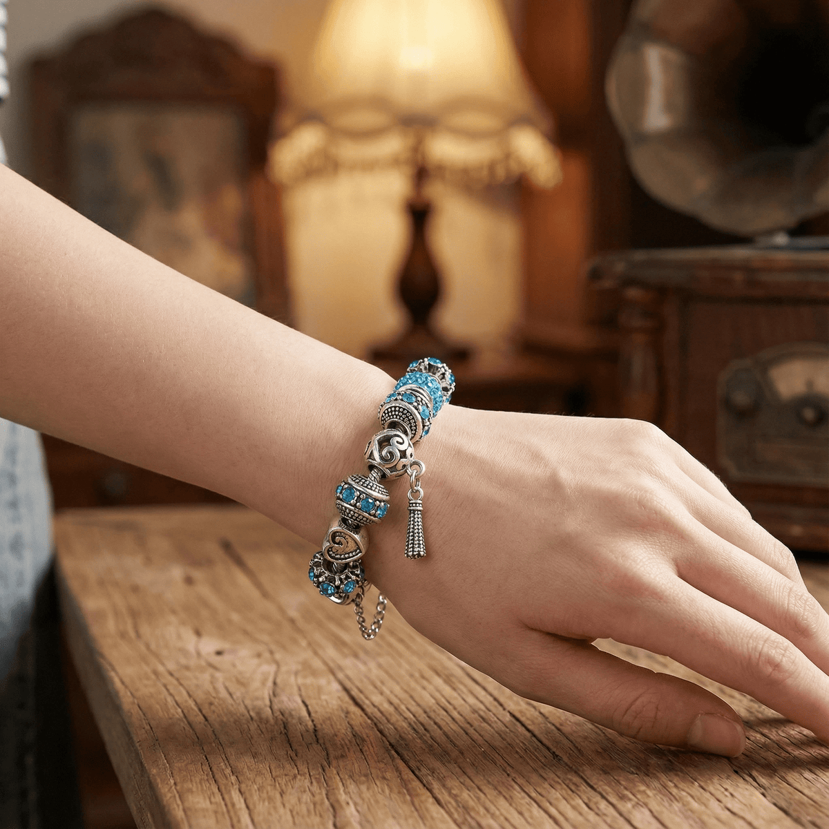 Women’s Vintage Silver-Plated Charm Bracelet - Crystal-Embedded Hollow Carved Multi-Bead Fashion Jewelry(blue-18cm) - Glam Warehouse
