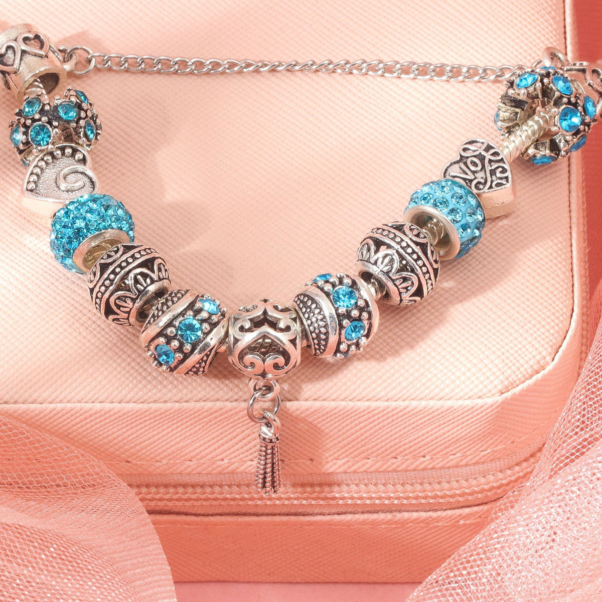 Women’s Vintage Silver-Plated Charm Bracelet - Crystal-Embedded Hollow Carved Multi-Bead Fashion Jewelry(blue-20cm) - Glam Warehouse