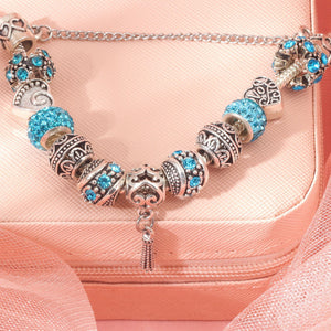 Women’s Vintage Silver-Plated Charm Bracelet - Crystal-Embedded Hollow Carved Multi-Bead Fashion Jewelry(blue-20cm) - Glam Warehouse