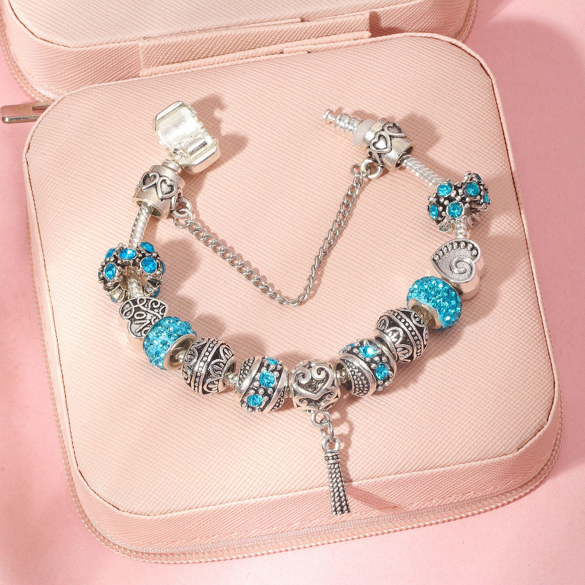 Women’s Vintage Silver-Plated Charm Bracelet - Crystal-Embedded Hollow Carved Multi-Bead Fashion Jewelry(blue-20cm) - Glam Warehouse