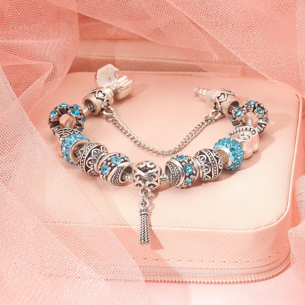 Women’s Vintage Silver-Plated Charm Bracelet - Crystal-Embedded Hollow Carved Multi-Bead Fashion Jewelry(blue-20cm) - Glam Warehouse