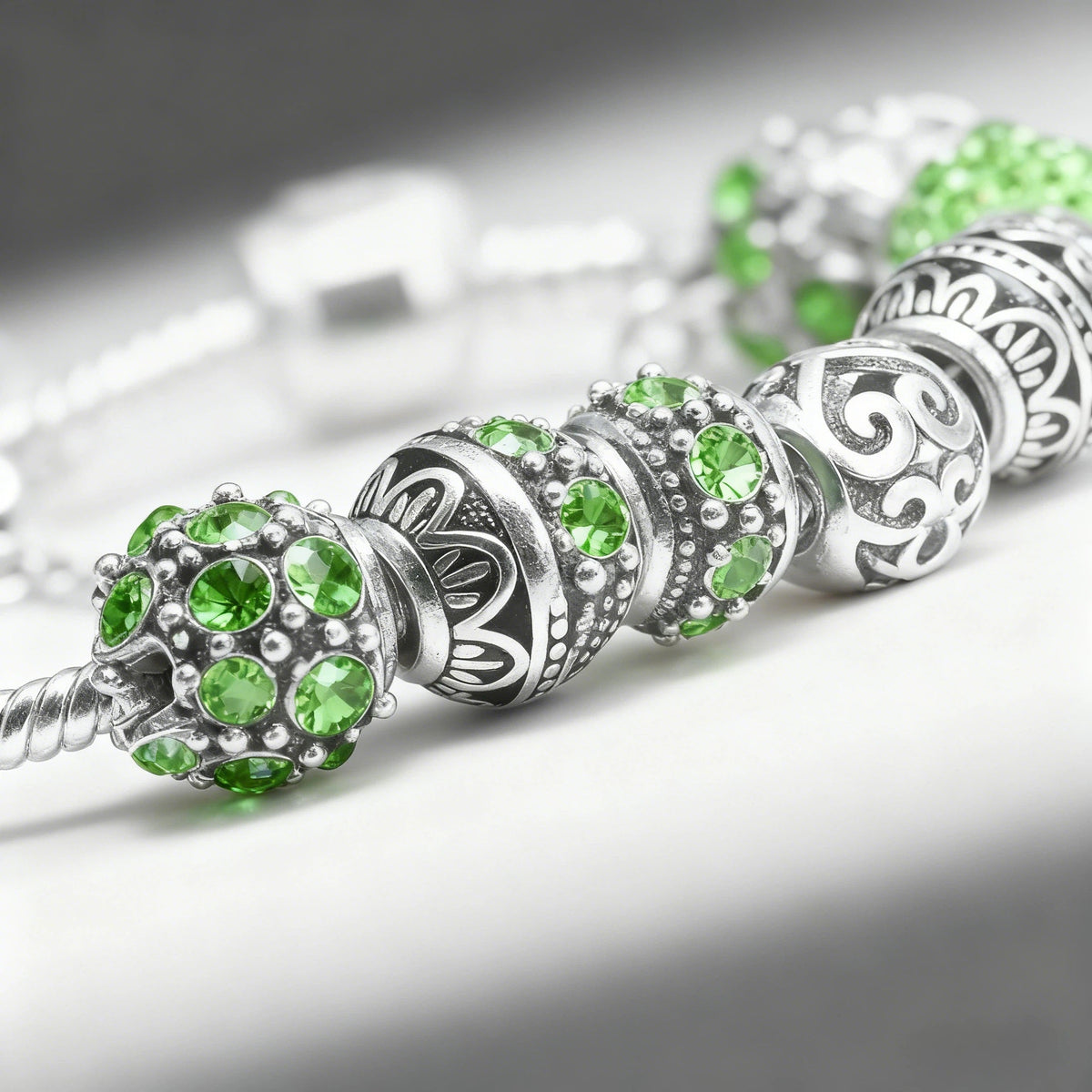 Women’s Vintage Silver-Plated Charm Bracelet - Crystal-Embedded Hollow Carved Multi-Bead Fashion Jewelry(green-17cm) - Glam Warehouse