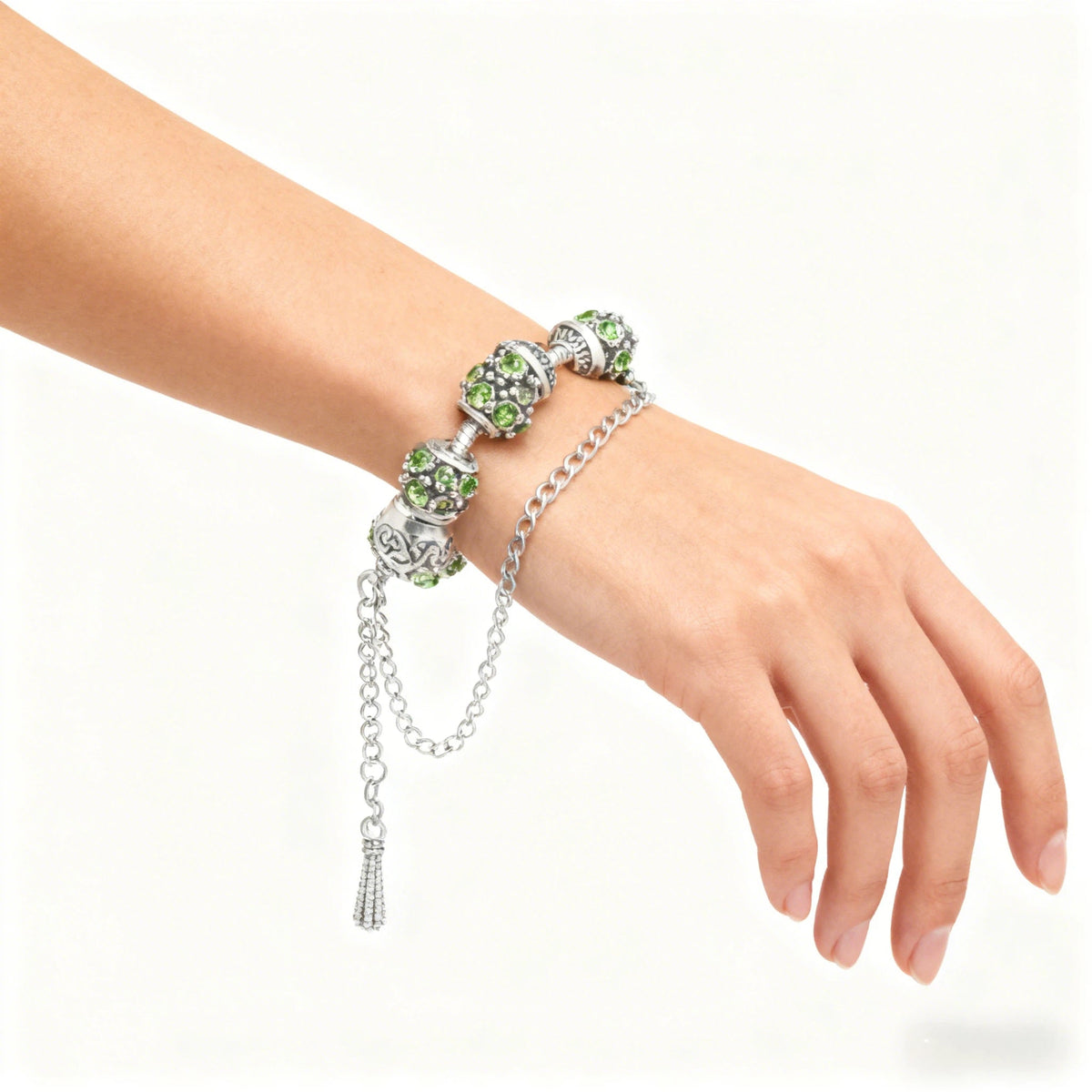 Women’s Vintage Silver-Plated Charm Bracelet - Crystal-Embedded Hollow Carved Multi-Bead Fashion Jewelry(green-17cm) - Glam Warehouse