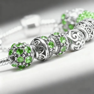 Women’s Vintage Silver-Plated Charm Bracelet - Crystal-Embedded Hollow Carved Multi-Bead Fashion Jewelry(green-18cm) - Glam Warehouse