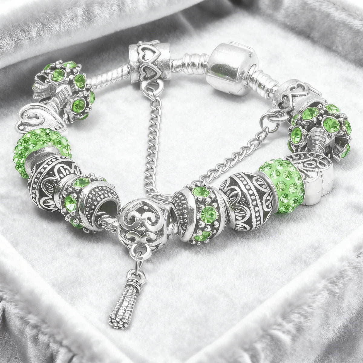 Women’s Vintage Silver-Plated Charm Bracelet - Crystal-Embedded Hollow Carved Multi-Bead Fashion Jewelry(green-18cm) - Glam Warehouse