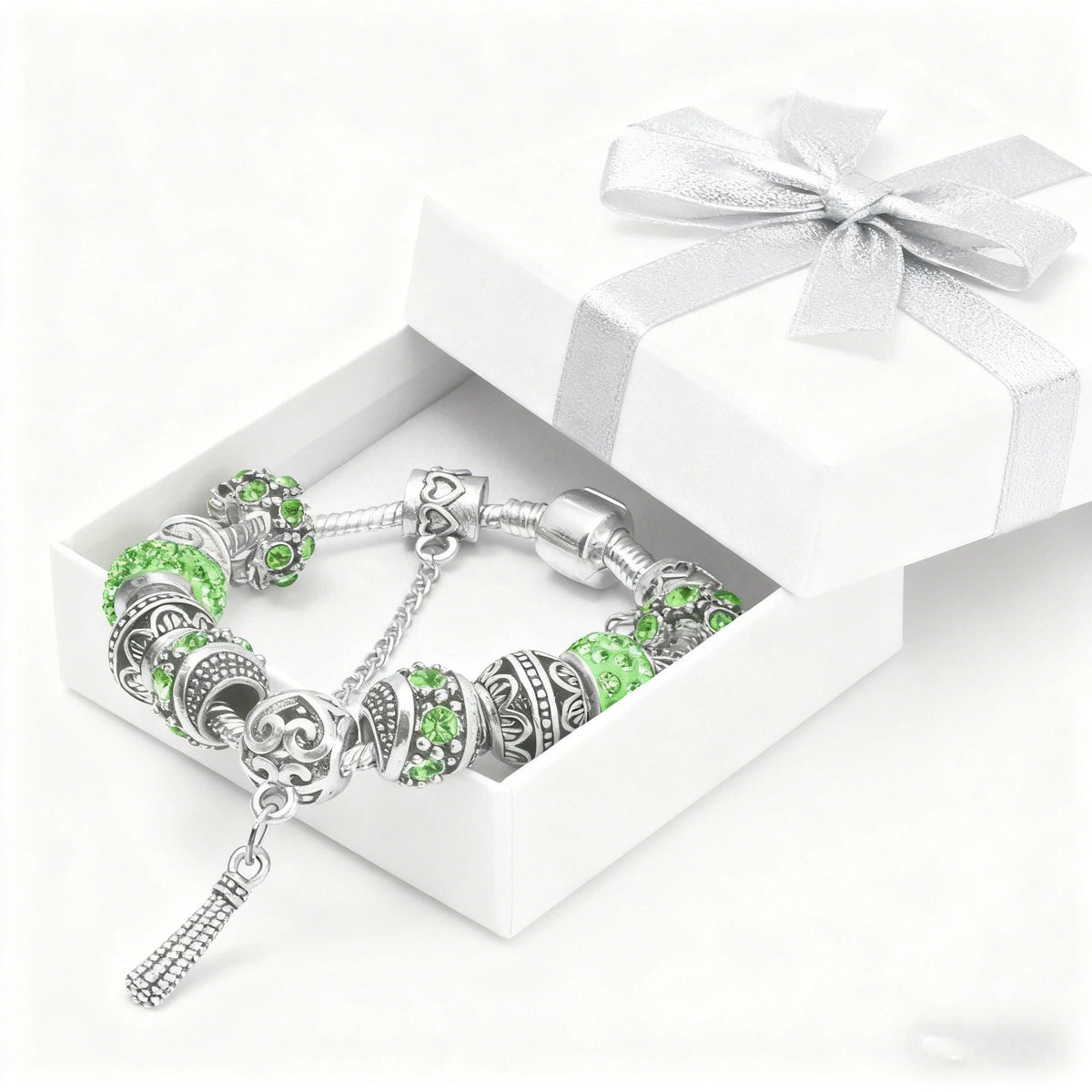 Women’s Vintage Silver-Plated Charm Bracelet - Crystal-Embedded Hollow Carved Multi-Bead Fashion Jewelry(green-20cm) - Glam Warehouse