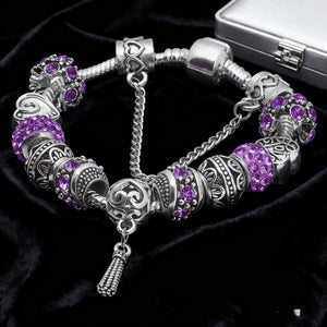 Women’s Vintage Silver-Plated Charm Bracelet - Crystal-Embedded Hollow Carved Multi-Bead Fashion Jewelry(purple-19cm) - Glam Warehouse