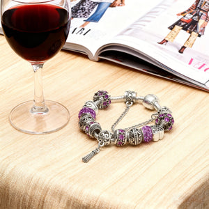 Women’s Vintage Silver-Plated Charm Bracelet - Crystal-Embedded Hollow Carved Multi-Bead Fashion Jewelry(purple-20cm) - Glam Warehouse