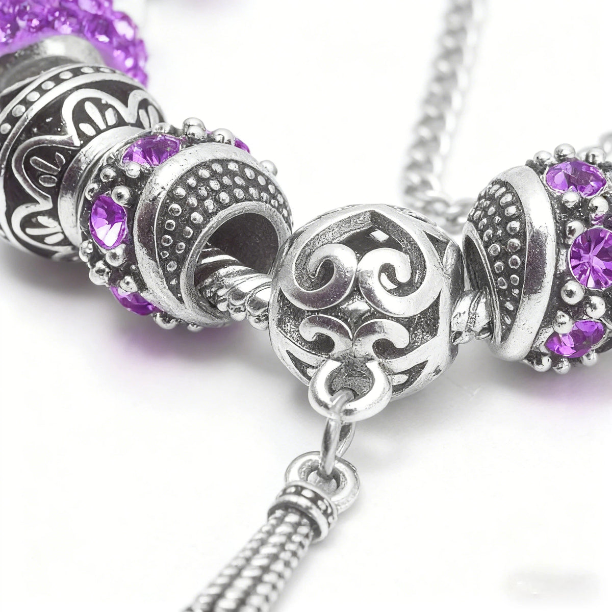 Women’s Vintage Silver-Plated Charm Bracelet - Crystal-Embedded Hollow Carved Multi-Bead Fashion Jewelry(purple-20cm) - Glam Warehouse