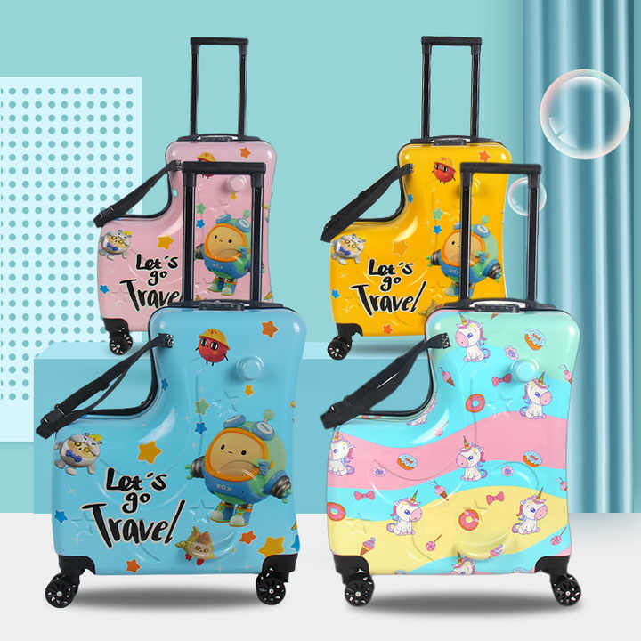 Yellow Kids Ride-On Luggage - 20-Inch Cartoon Travel Suitcase with Footrest, Durable Rolling Carry-On for Children - Glam Warehouse